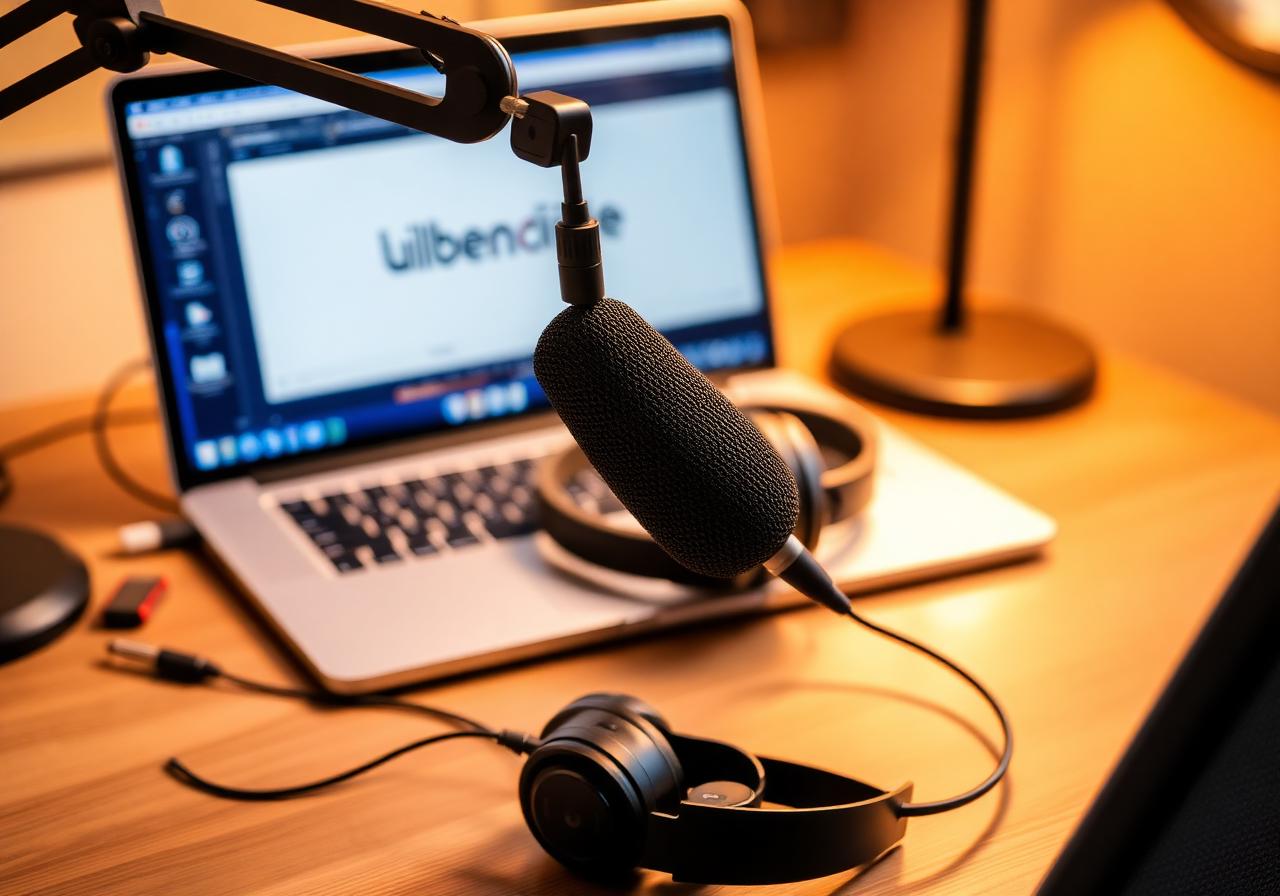 Podcast microphone, headphones and laptop on a desk