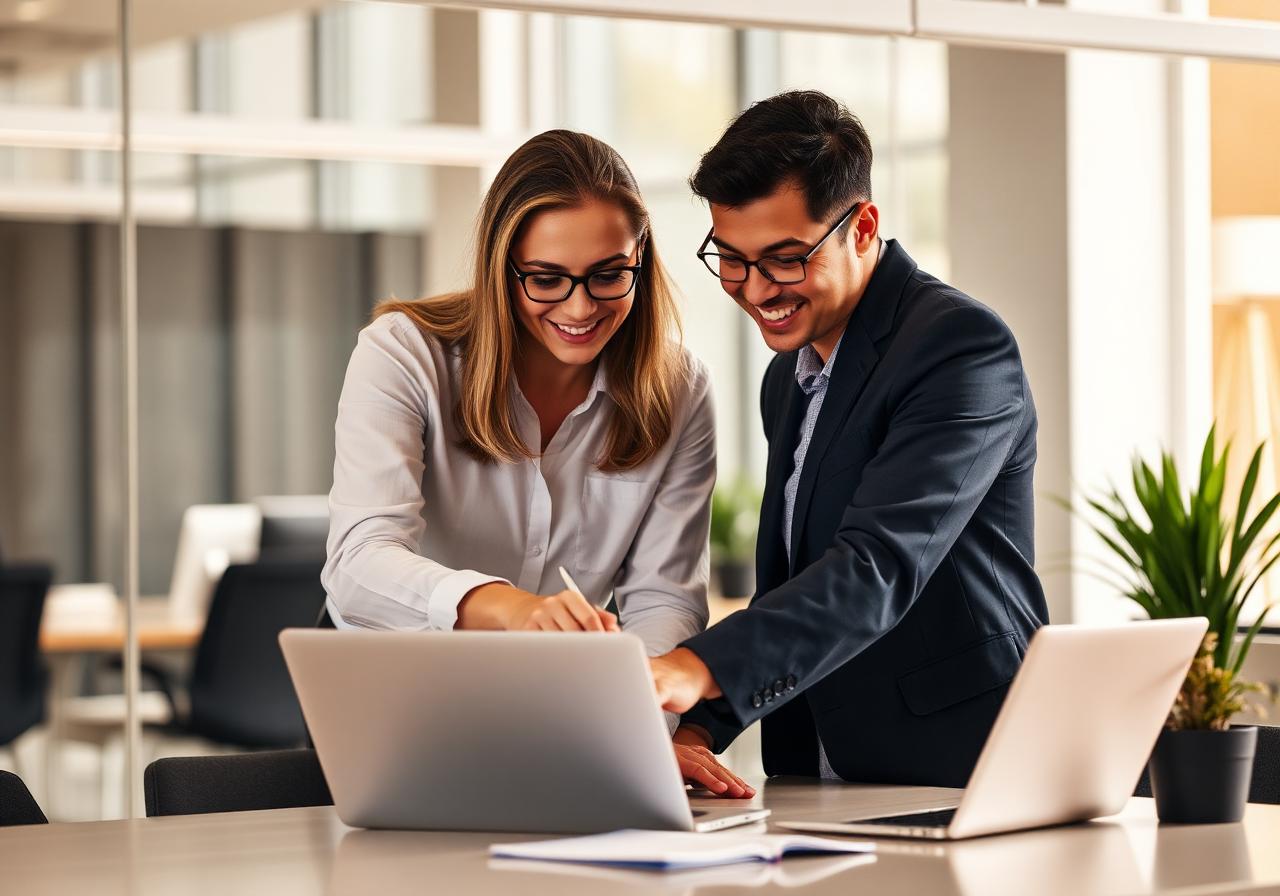 Two PR professionals collaborating around a laptop
